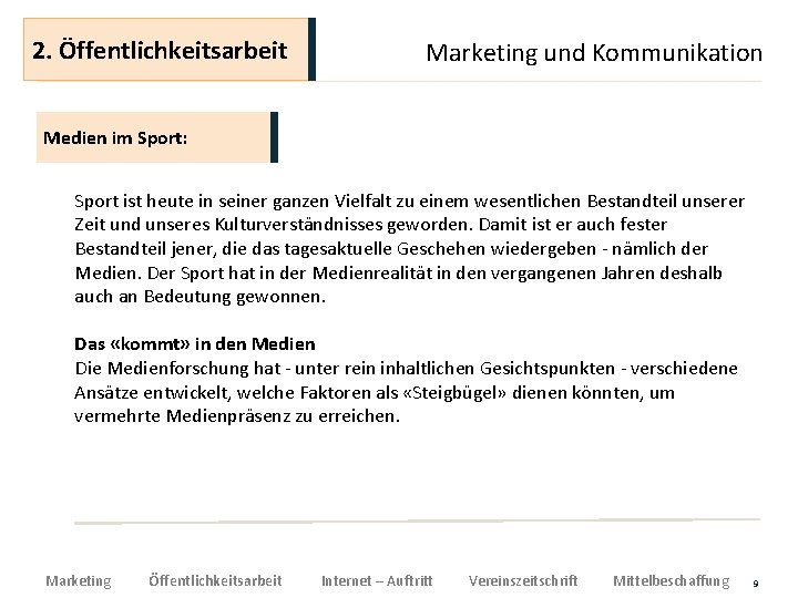 2. Öffentlichkeitsarbeit Marketing und Kommunikation Medien im Sport: Sport ist heute in seiner ganzen