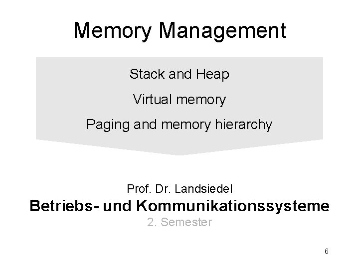 Memory Management Stack and Heap Virtual memory Paging and memory hierarchy Prof. Dr. Landsiedel