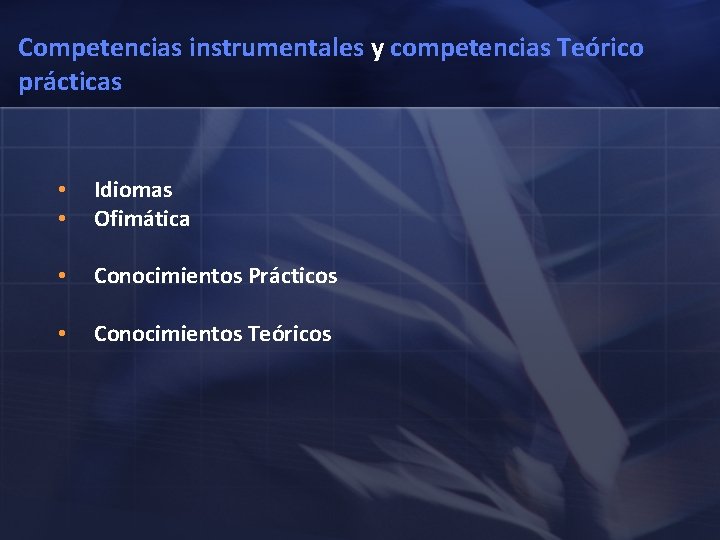 Competencias instrumentales y competencias Teórico prácticas • • Idiomas Ofimática • Conocimientos Prácticos •