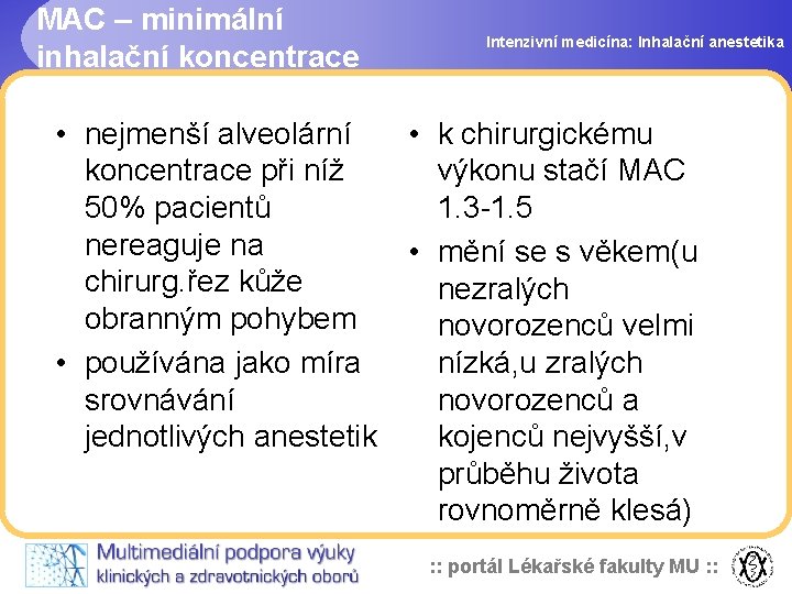 MAC – minimální inhalační koncentrace Intenzivní medicína: Inhalační anestetika • nejmenší alveolární • k