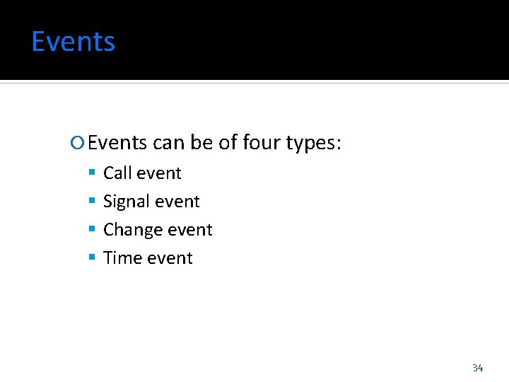 Events can be of four types: Call event Signal event Change event Time event Events can be of four types: Call event Signal event Change event Time event