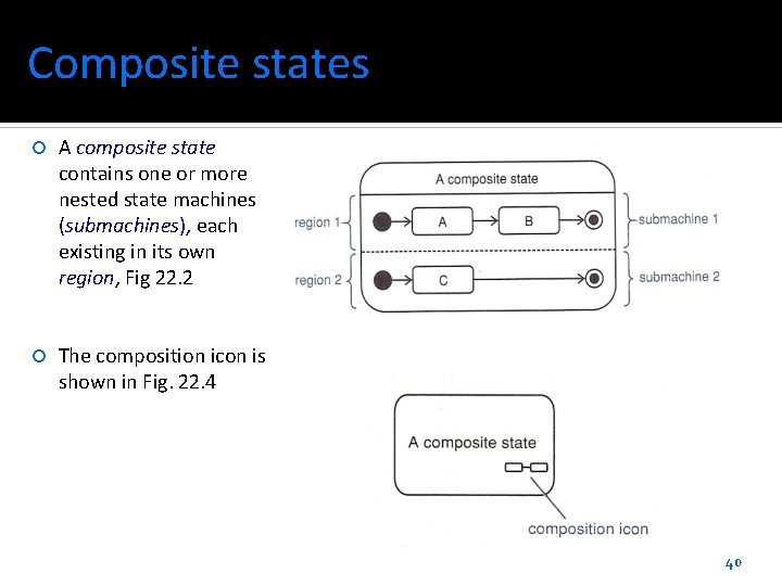 Composite states A composite state contains one or more nested state machines (submachines), each