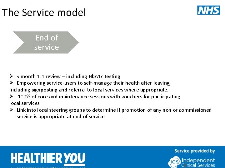 The Service model End of service Ø 9 month 1: 1 review – including