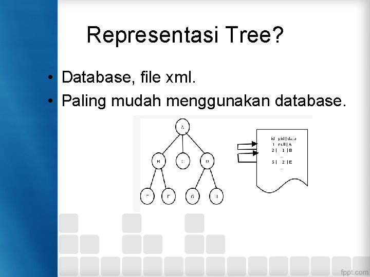 Representasi Tree? • Database, file xml. • Paling mudah menggunakan database. 