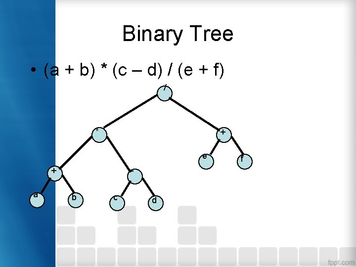 Binary Tree • (a + b) * (c – d) / (e + f) Binary Tree • (a + b) * (c – d) / (e + f)