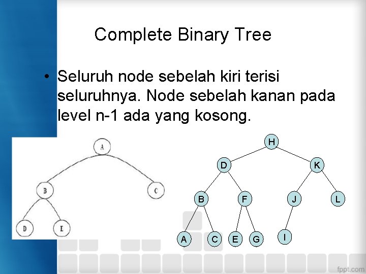 Complete Binary Tree • Seluruh node sebelah kiri terisi seluruhnya. Node sebelah kanan pada