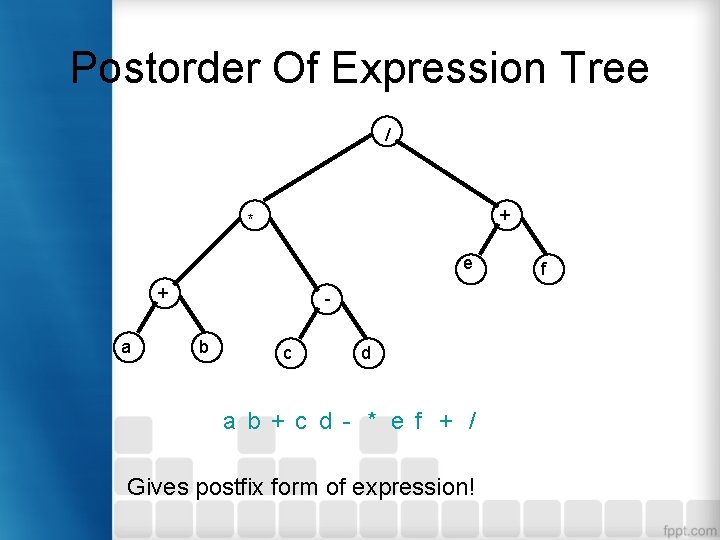 Postorder Of Expression Tree / + * e + a b c d a