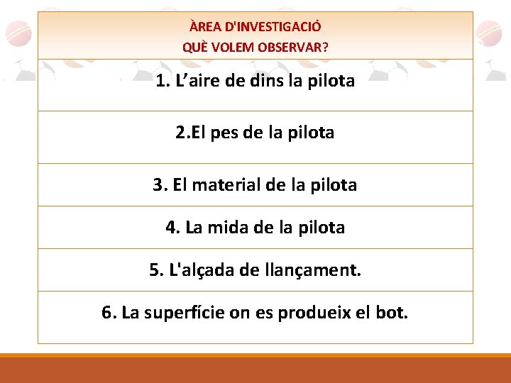 ÀREA D'INVESTIGACIÓ QUÈ VOLEM OBSERVAR? 1. L’aire de dins la pilota 2. El pes