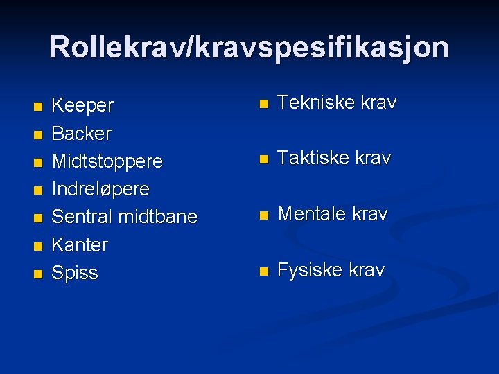 Rollekrav/kravspesifikasjon n n n Keeper Backer Midtstoppere Indreløpere Sentral midtbane Kanter Spiss n Tekniske