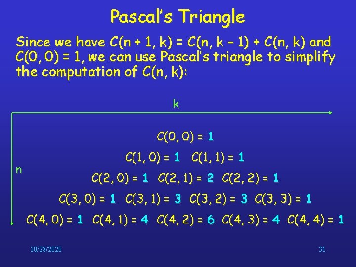 Pascal’s Triangle Since we have C(n + 1, k) = C(n, k – 1)