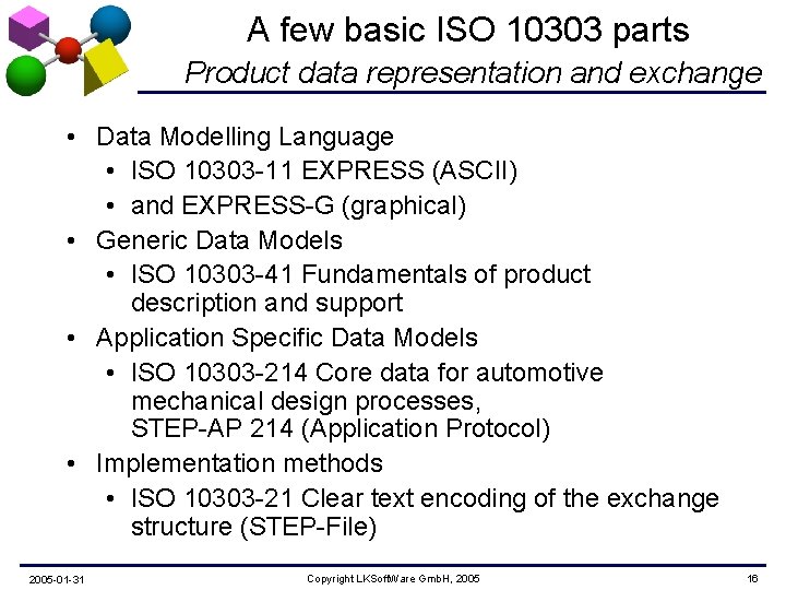 A few basic ISO 10303 parts Product data representation and exchange • Data Modelling