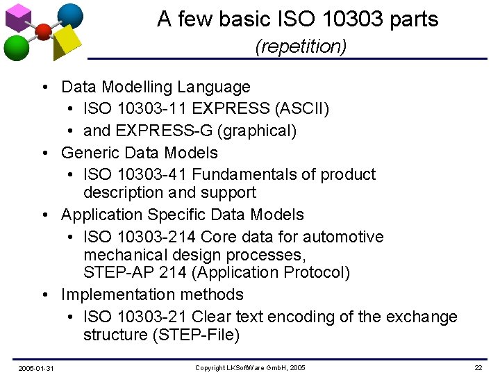 A few basic ISO 10303 parts (repetition) • Data Modelling Language • ISO 10303