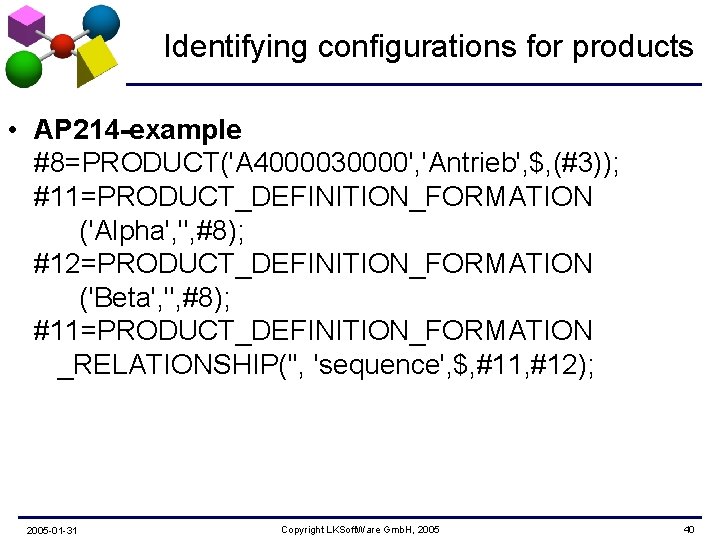 Identifying configurations for products • AP 214 -example #8=PRODUCT('A 4000030000', 'Antrieb', $, (#3)); #11=PRODUCT_DEFINITION_FORMATION