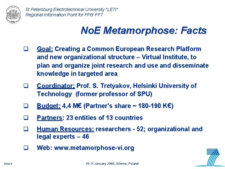 St Petersburg Electrotechnical University “LETI” Regional Information Point for FP 6/ FP 7 No.