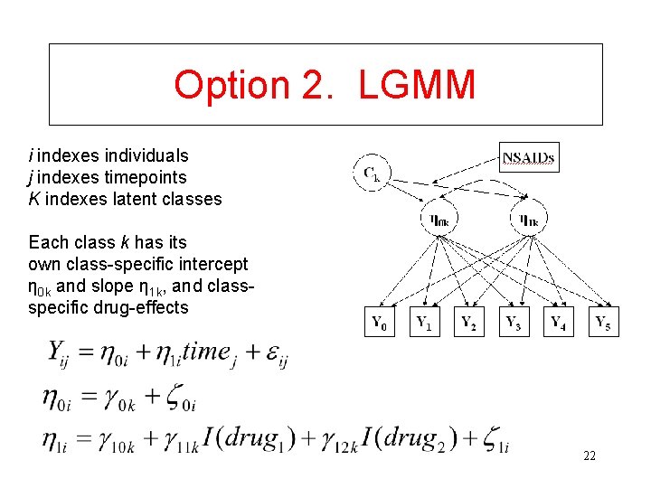 Option 2. LGMM i indexes individuals j indexes timepoints K indexes latent classes Each
