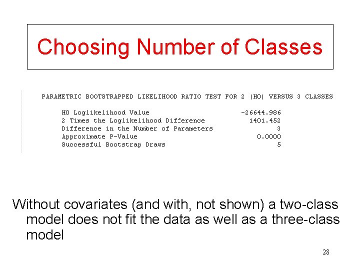 Choosing Number of Classes Without covariates (and with, not shown) a two-class model does
