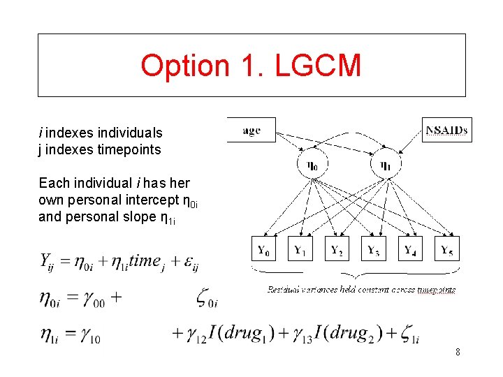 Option 1. LGCM i indexes individuals j indexes timepoints Each individual i has her