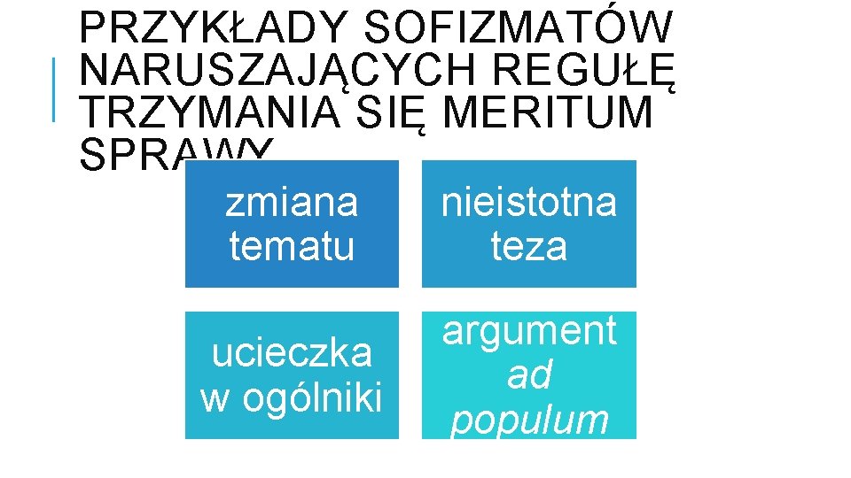 PRZYKŁADY SOFIZMATÓW NARUSZAJĄCYCH REGUŁĘ TRZYMANIA SIĘ MERITUM SPRAWY zmiana tematu nieistotna teza ucieczka w