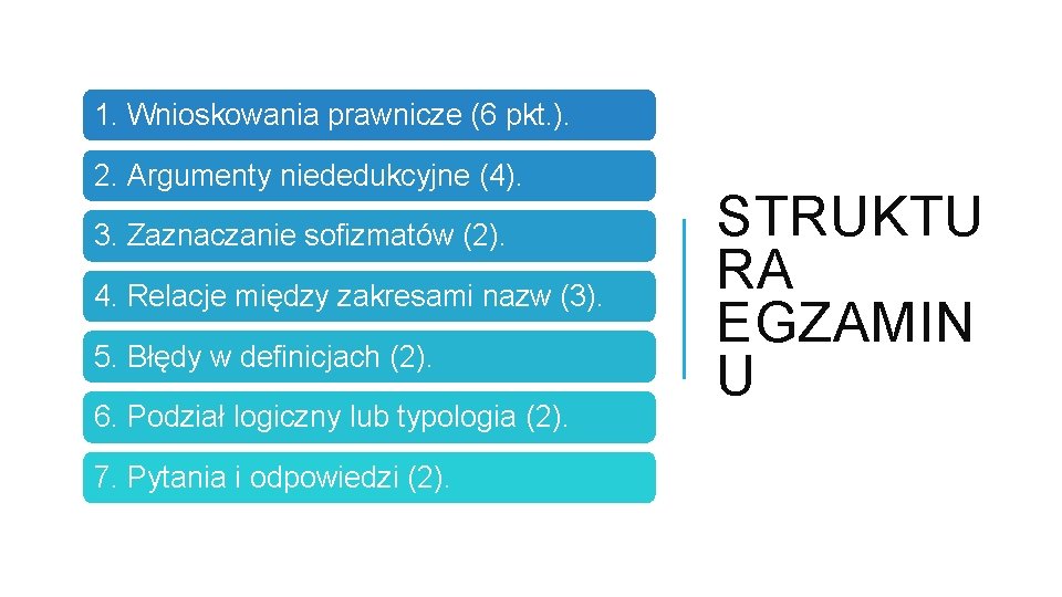 1. Wnioskowania prawnicze (6 pkt. ). 2. Argumenty niededukcyjne (4). 3. Zaznaczanie sofizmatów (2).