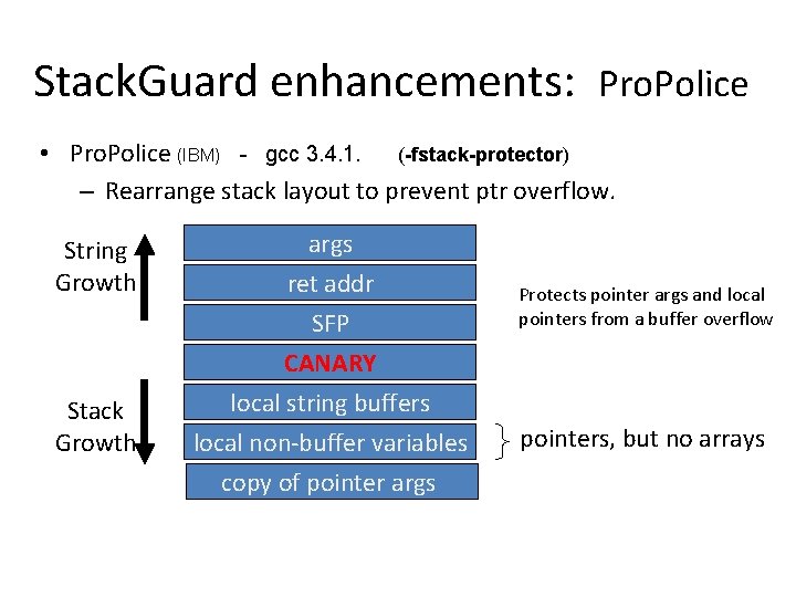 Stack. Guard enhancements: Pro. Police • Pro. Police (IBM) - gcc 3. 4. 1. Stack. Guard enhancements: Pro. Police • Pro. Police (IBM) - gcc 3. 4. 1.
