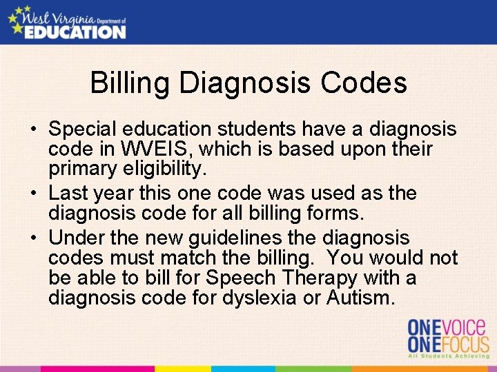 Billing Diagnosis Codes • Special education students have a diagnosis code in WVEIS, which
