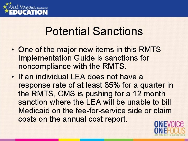 Potential Sanctions • One of the major new items in this RMTS Implementation Guide