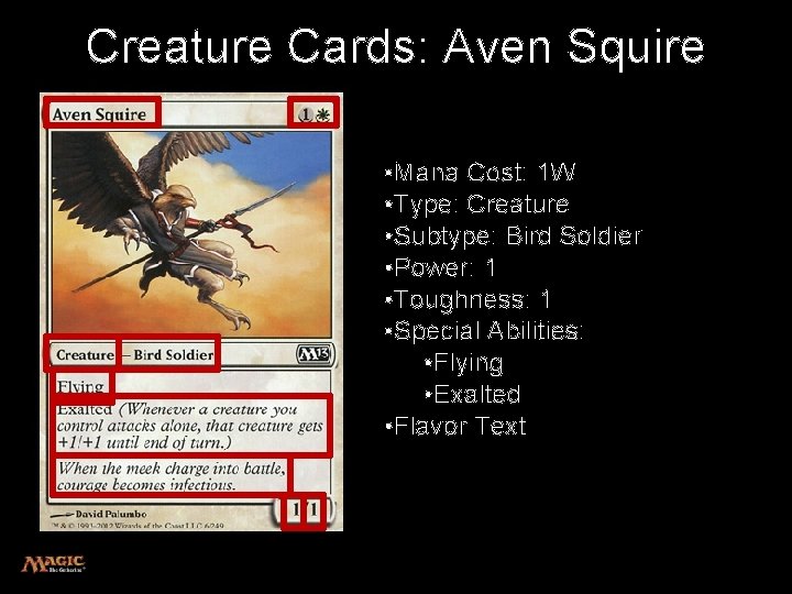 Creature Cards: Aven Squire • Mana Cost: 1 W • Type: Creature • Subtype: