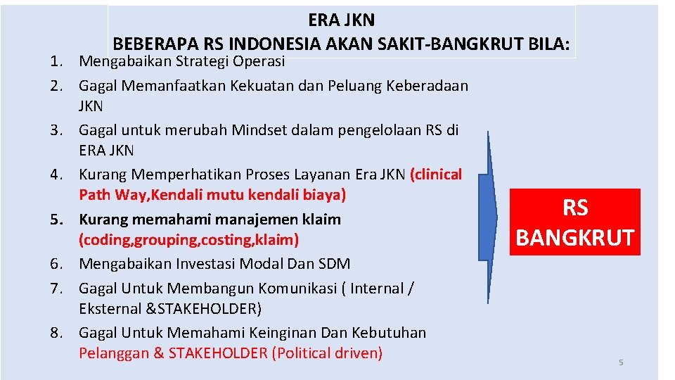 ERA JKN BEBERAPA RS INDONESIA AKAN SAKIT-BANGKRUT BILA: 1. Mengabaikan Strategi Operasi 2. Gagal