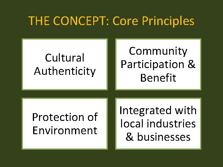 THE CONCEPT: Core Principles Cultural Authenticity Community Participation & Benefit Protection of Environment Integrated