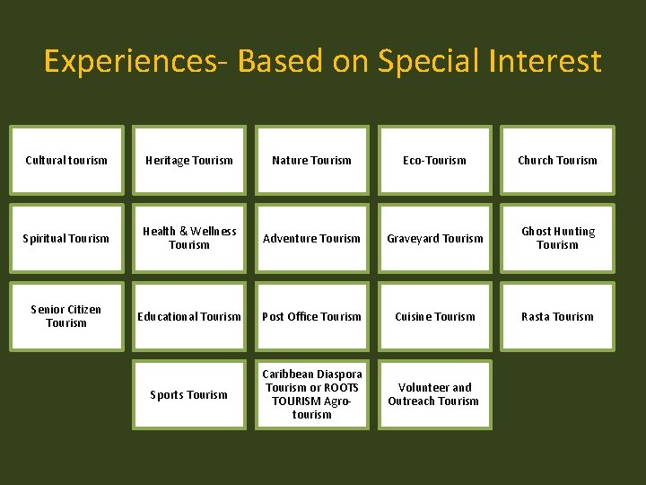 Experiences- Based on Special Interest Cultural tourism Heritage Tourism Nature Tourism Eco-Tourism Church Tourism