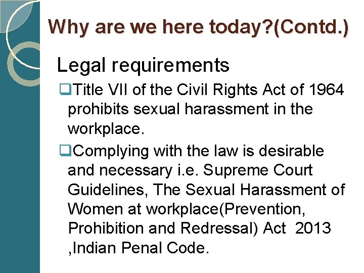 Why are we here today? (Contd. ) Legal requirements q. Title VII of the