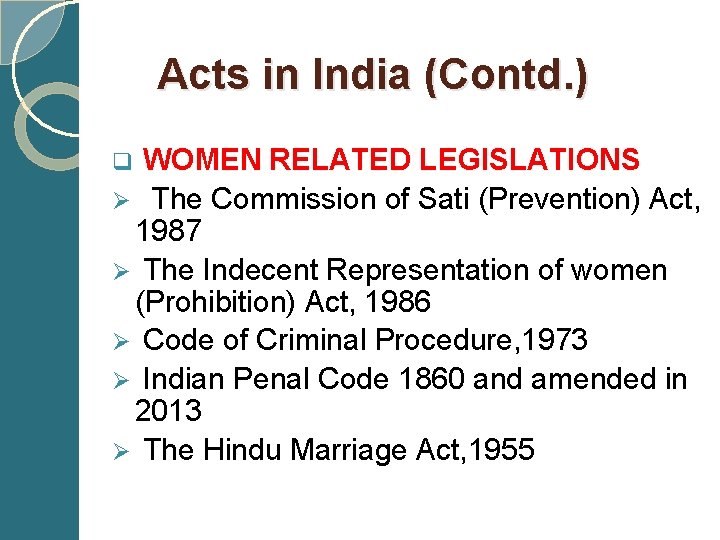  Acts in India (Contd. ) q WOMEN RELATED LEGISLATIONS Ø The Commission of