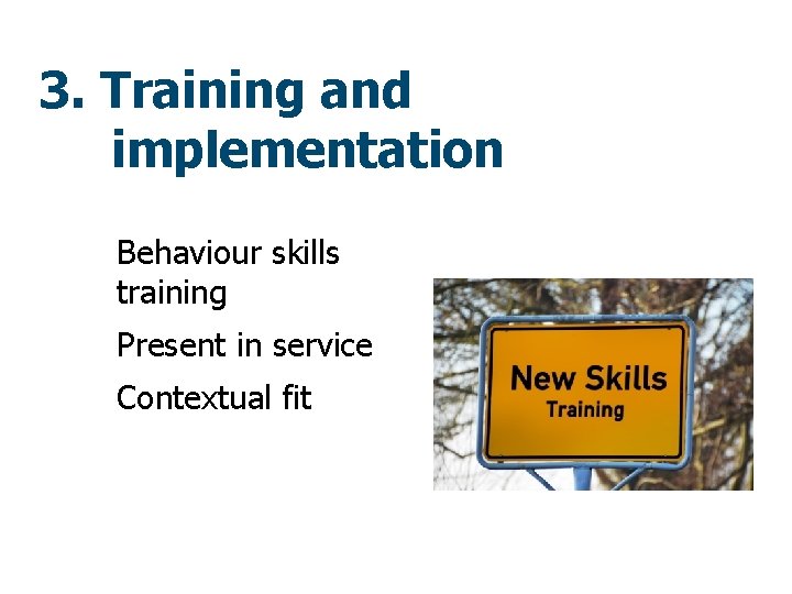 3. Training and implementation Behaviour skills training Present in service Contextual fit 