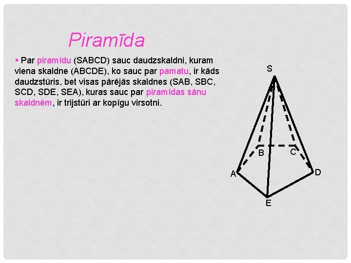 Piramīda § Par piramīdu (SABCD) sauc daudzskaldni, kuram viena skaldne (ABCDE), ko sauc par