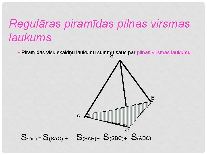 Regulāras piramīdas pilnas virsmas laukums § Piramīdas visu skaldņu laukumu summu sauc par pilnas