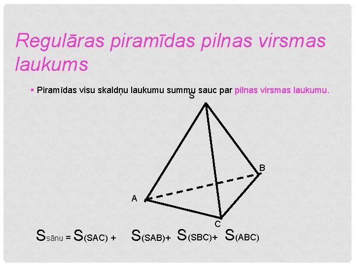 Regulāras piramīdas pilnas virsmas laukums § Piramīdas visu skaldņu laukumu summu sauc par pilnas