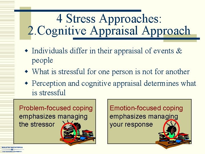 4 Stress Approaches: 2. Cognitive Appraisal Approach w Individuals differ in their appraisal of