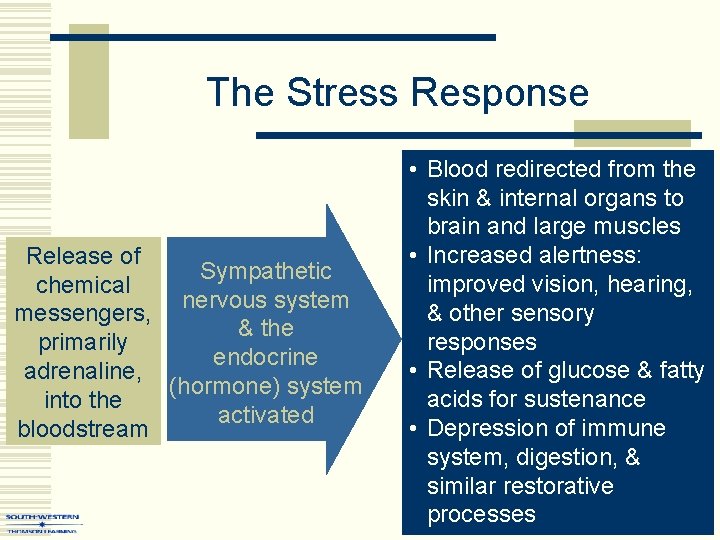 The Stress Response Release of Sympathetic chemical nervous system messengers, & the primarily endocrine