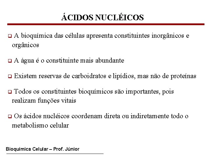 ÁCIDOS NUCLÉICOS A bioquímica das células apresenta constituintes inorgânicos e orgânicos q q A