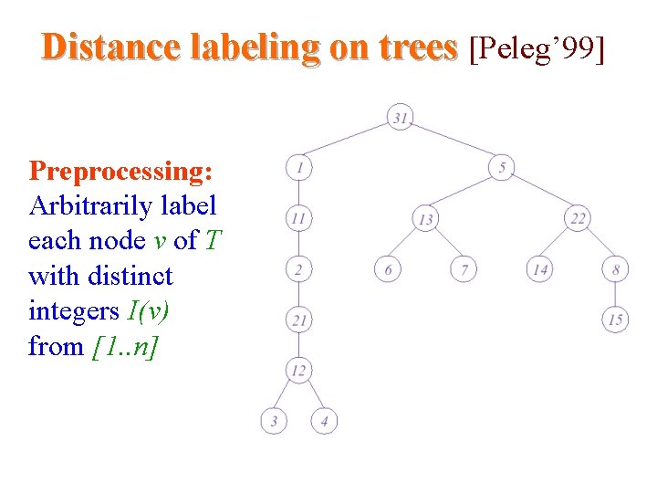 Distance labeling on trees [Peleg’ 99] Preprocessing: Arbitrarily label each node v of T