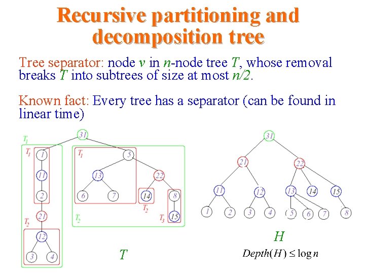 Recursive partitioning and decomposition tree Tree separator: node v in n-node tree T, whose Recursive partitioning and decomposition tree Tree separator: node v in n-node tree T, whose