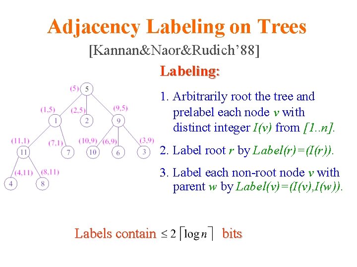 Adjacency Labeling on Trees [Kannan&Naor&Rudich’ 88] Labeling: 1. Arbitrarily root the tree and prelabel