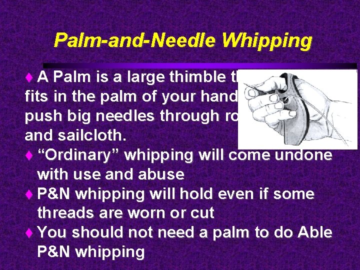 Palm-and-Needle Whipping A Palm is a large thimble that fits in the palm of