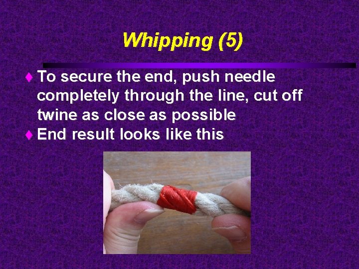 Whipping (5) To secure the end, push needle completely through the line, cut off