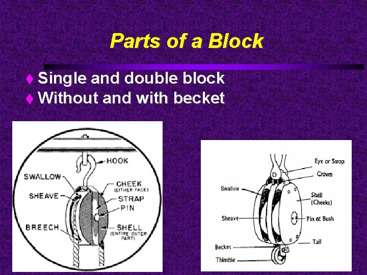 Parts of a Block Single and double block Without and with becket 