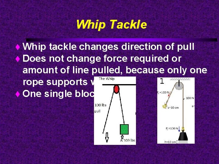 Whip Tackle Whip tackle changes direction of pull Does not change force required or