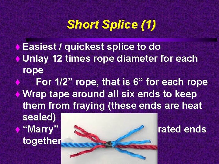 Short Splice (1) Easiest / quickest splice to do Unlay 12 times rope diameter