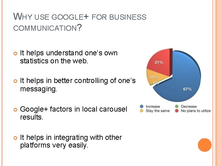 WHY USE GOOGLE+ FOR BUSINESS COMMUNICATION? It helps understand one’s own statistics on the
