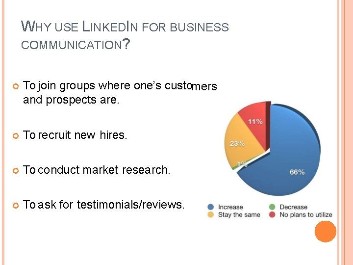 WHY USE LINKEDIN FOR BUSINESS COMMUNICATION? To join groups where one’s custo mers and