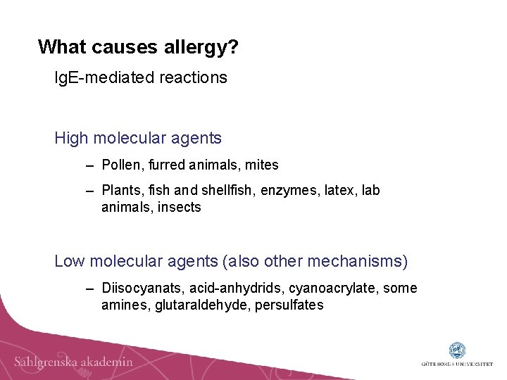 What causes allergy? Ig. E-mediated reactions High molecular agents – Pollen, furred animals, mites